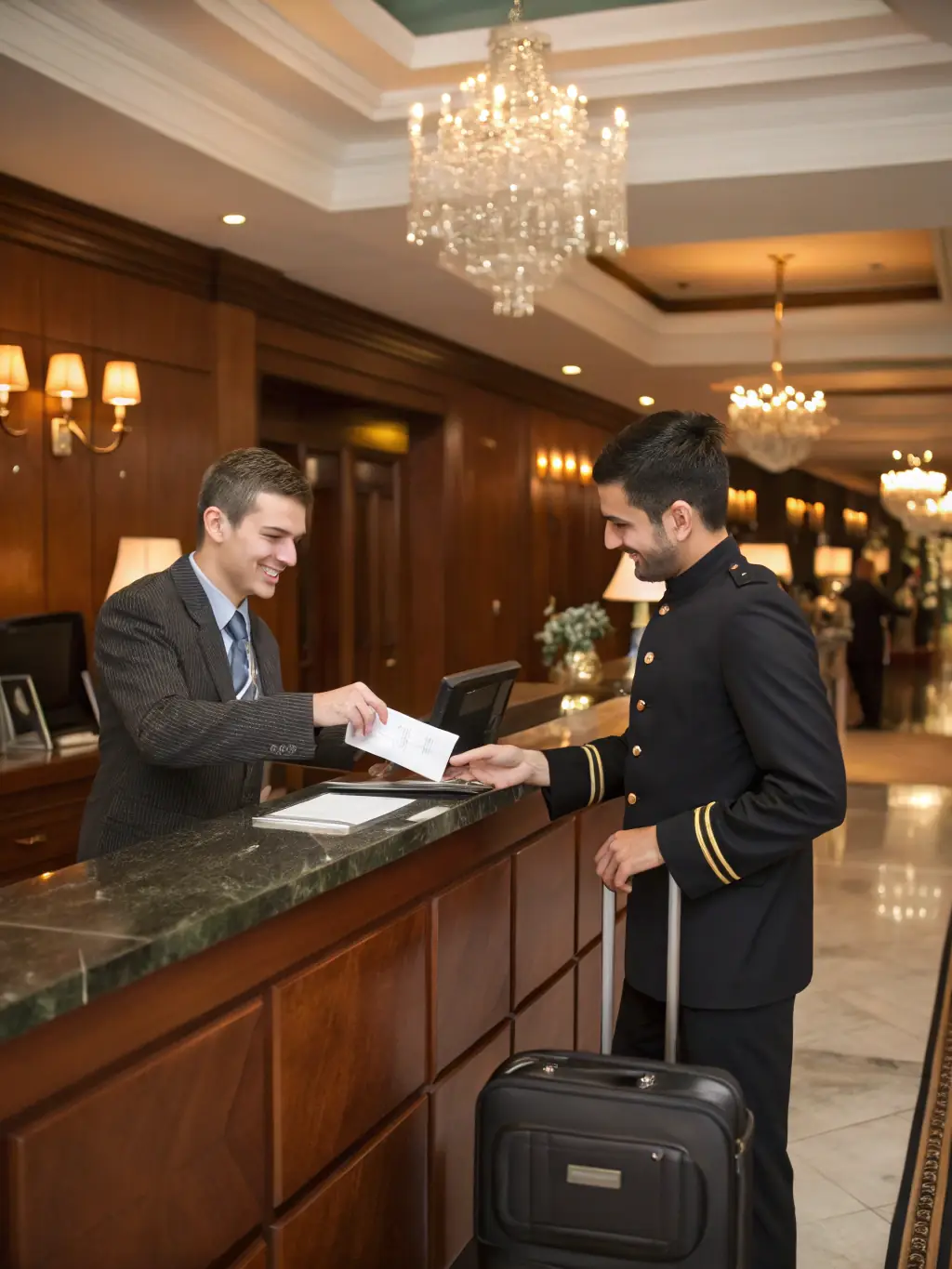 A dedicated concierge assisting a traveler with their luggage and travel arrangements, emphasizing personalized service and attention to detail.
