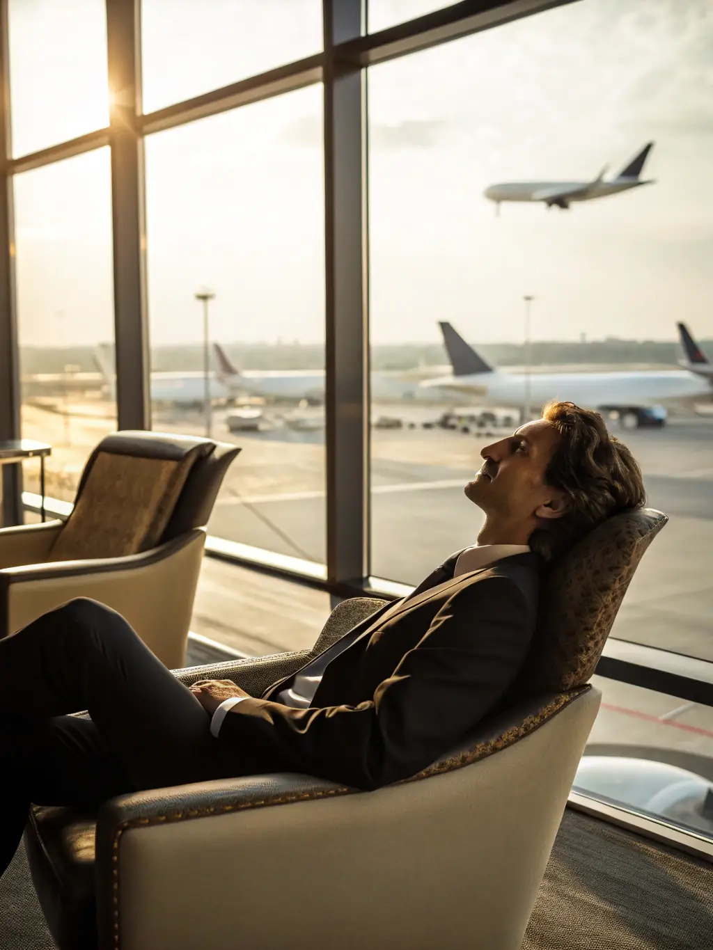 A luxurious airport lounge with comfortable seating, complimentary refreshments, and a relaxed atmosphere, showcasing the exclusive benefits of premium travel.