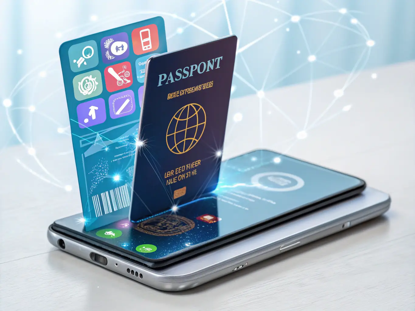 A digital interface displaying the RIAS AI Passport with secure encryption symbols, biometric verification icons, and a futuristic design, representing secure and efficient digital travel credentials.